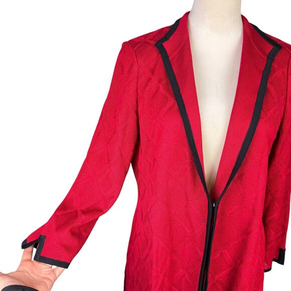 Ming Wang Red Geometric Diamond Knit Black Trim 3/4 Sleeve Cardigan Sweater - Picture 7 of 12
